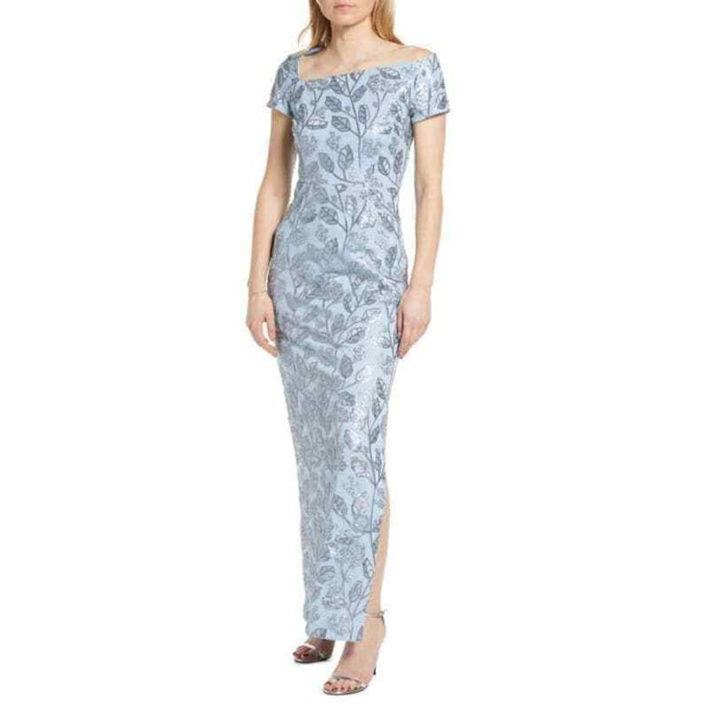 JS Collections Lt. Blue Julia Sequin Floral Cap Sleeve Column Gown Size 10